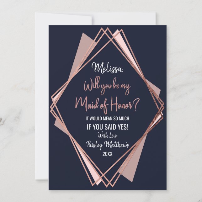 Rose Gold Navy Blue Mauve Geometric Maid of Honor Invitation (Front)