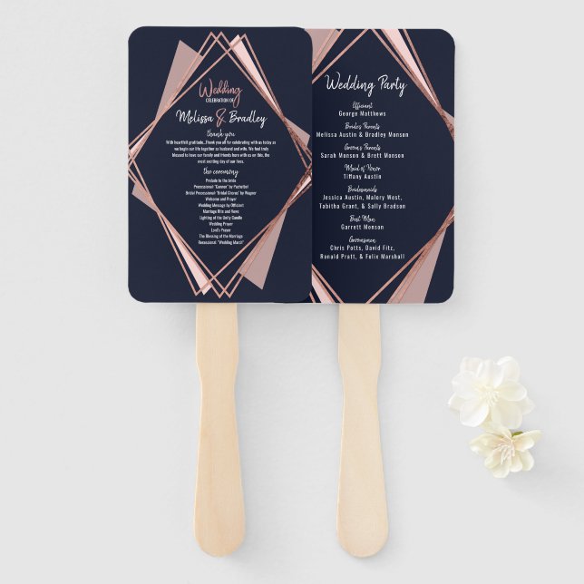 Rose Gold Navy Blue Mauve Geometric Programs Hand Fan (Front and Back)