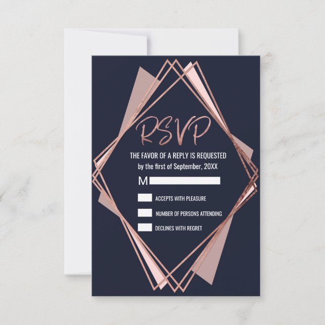 Rose Gold Navy Blue Mauve Geometric RSVP (Front)