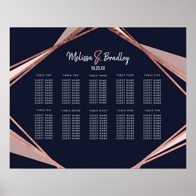 Rose Gold Navy Blue Mauve Geometric Seating Chart (Front)