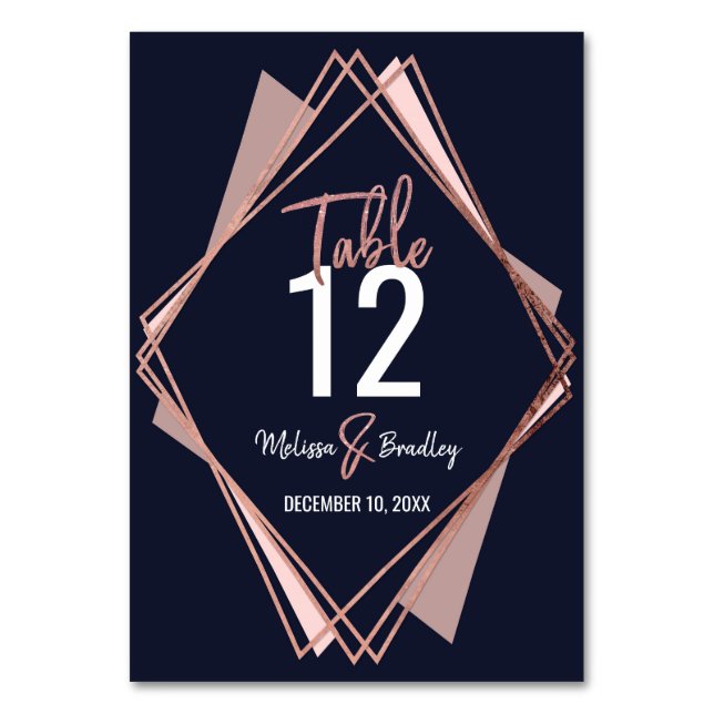 Rose Gold Navy Blue Mauve Geometric Table Number (Front)