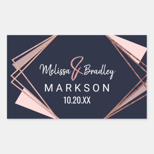 Rose Gold Navy Blue Mauve Geometric Wedding Rectangular Sticker