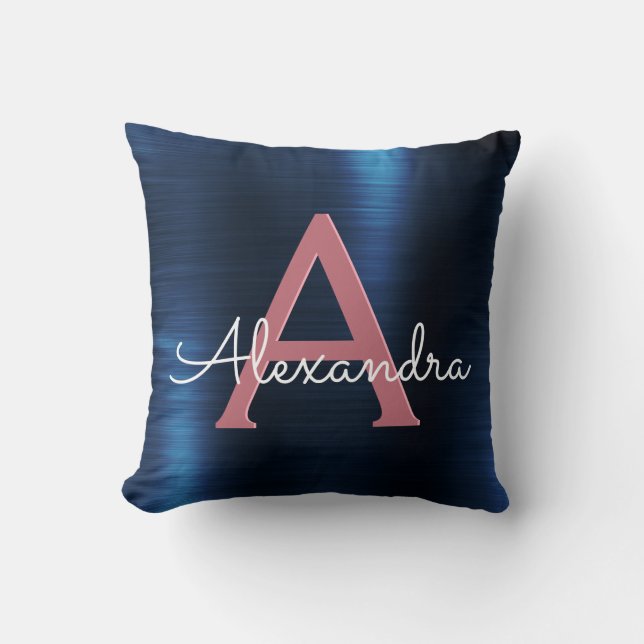 Rose Gold & Navy Blue Metallic Foil Monogrammed Throw Pillow (Front)