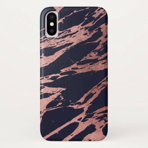 Rose Gold Navy Blue Modern Chic Marble Pattern iPhone X Case