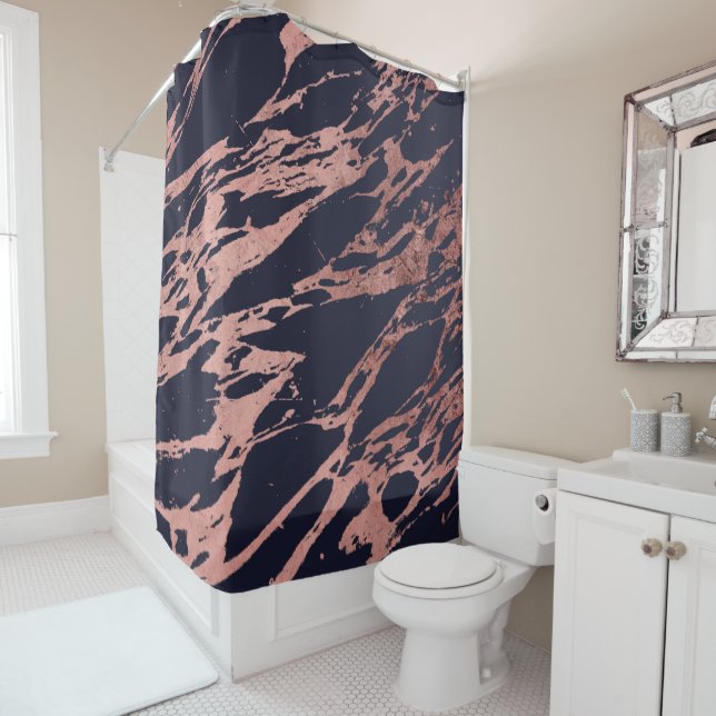 Rose Gold Navy Blue Modern Chic Marble Pattern Shower Curtain (In Situ)