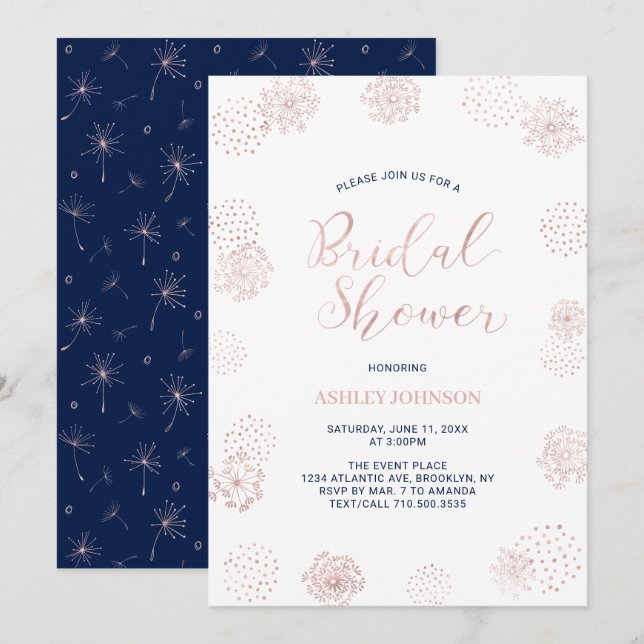Rose gold & Navy blue Modern Pattern Bridal Shower Invitation (Front/Back)