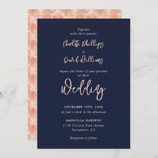 Rose Gold Navy Blue Modern Script Wedding Invitation