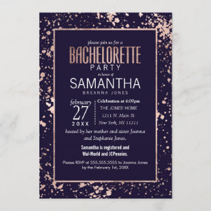 Rose Gold Navy Blue Paint Splatters Bachelorette Invitation