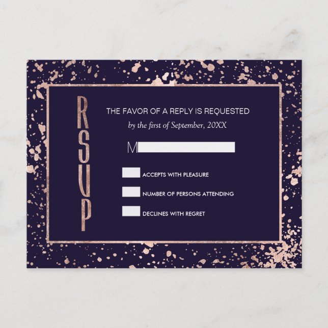 Rose Gold Navy Blue Paint Splatters RSVP Postcards (Front)
