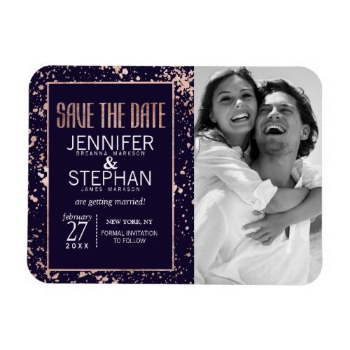 Rose Gold Navy Blue Paint Splatters Save the Dates Magnet