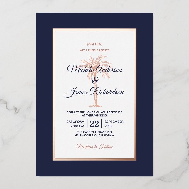Rose Gold Navy Blue Palm Tree Beach Wedding Foil Invitation (Front)