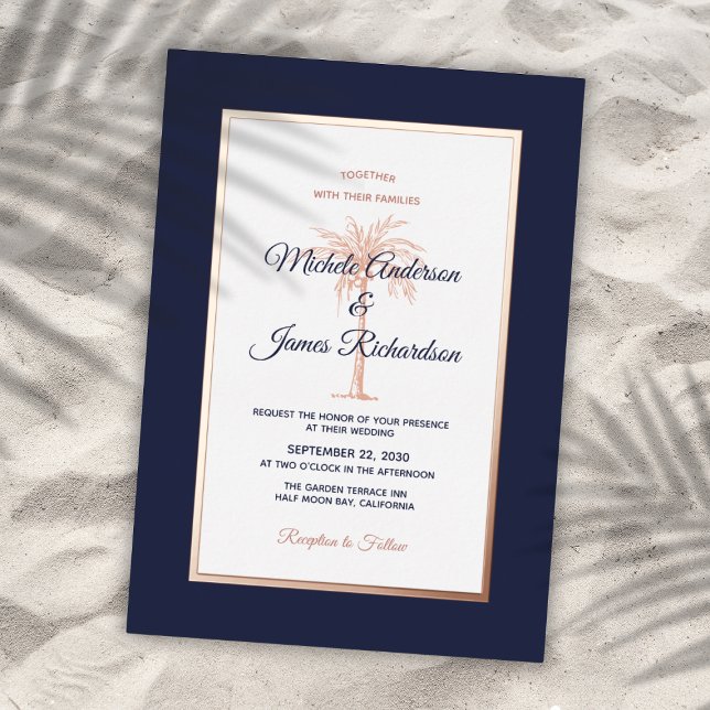 Rose Gold Navy Blue Palm Tree Tropical Wedding Foil Invitation (Rose Gold Navy Blue Palm Tree Tropical Wedding Foil Invitation)