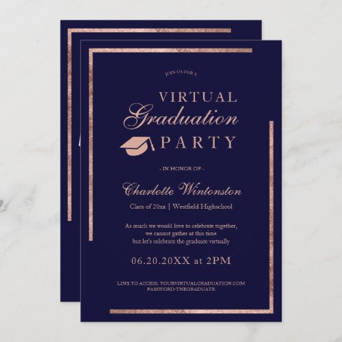 Rose gold navy blue photos virtual Graduation Invitation
