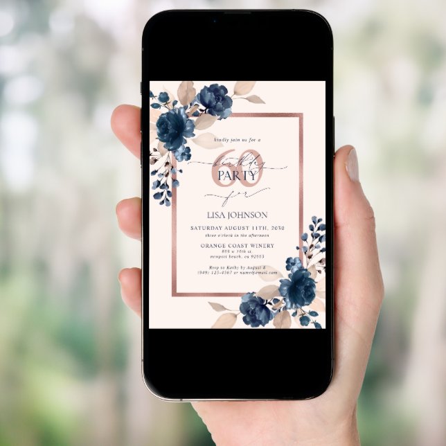 Rose Gold Navy Blue Pink 60th Birthday Floral  Invitation (Front Digital)
