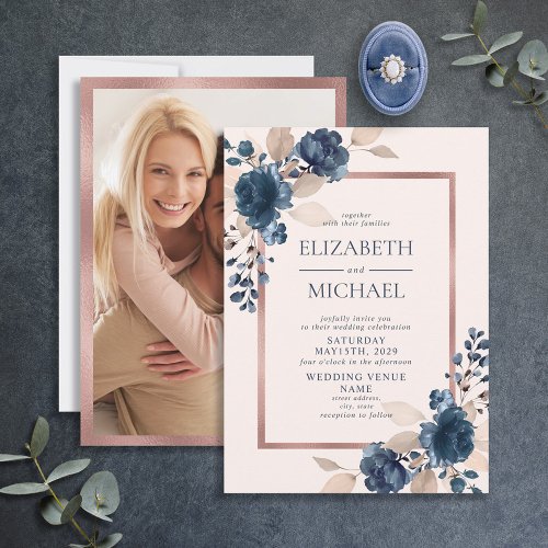 Rose Gold Navy Blue Pink Floral Photo Wedding Invitation