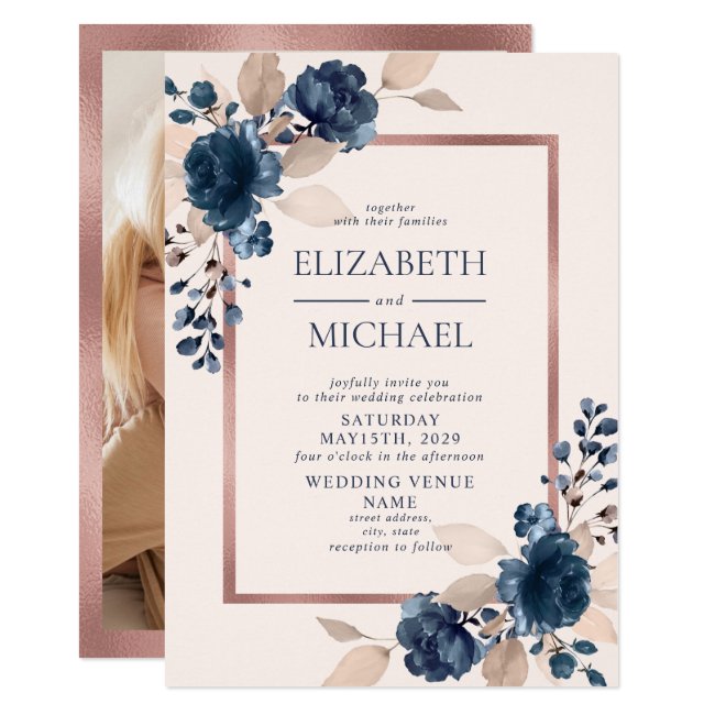 Rose Gold Navy Blue Pink Floral Photo Wedding Invitation