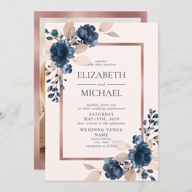 Rose Gold Navy Blue Pink Floral Photo Wedding Invitation