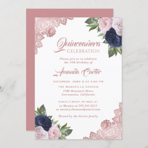 Rose Gold Navy Blue Quinceañera 15th Birthday Invitation