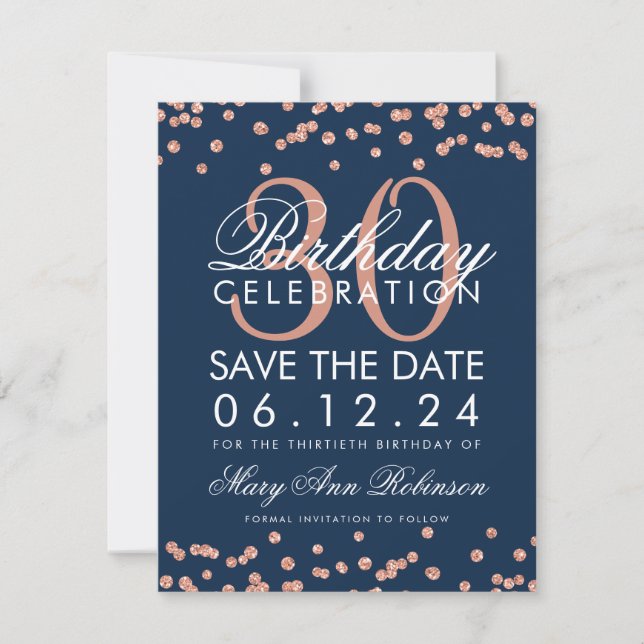 Rose Gold Navy Blue Save Date Birthday Confetti Save The Date (Front)
