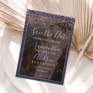 Rose gold navy blue save the date photo wedding