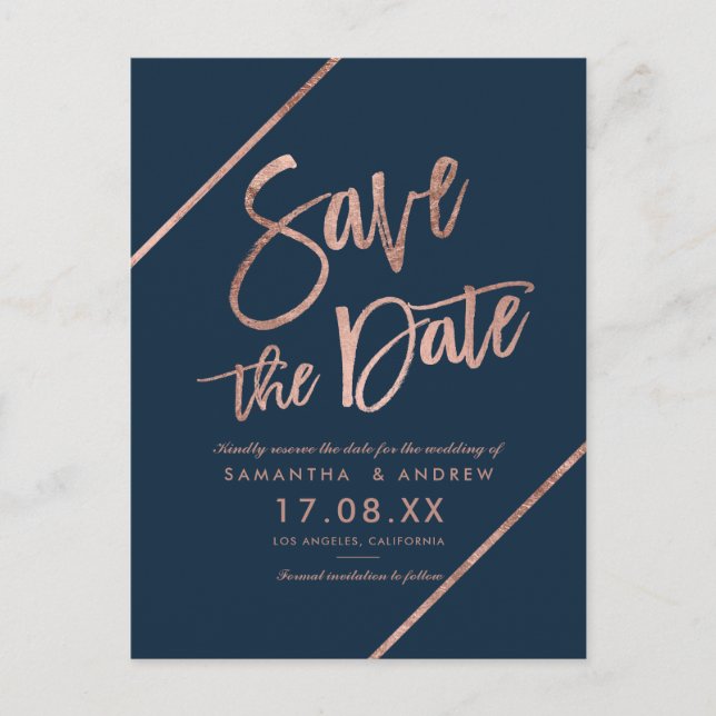 Rose gold navy blue script save the date wedding announcement postcard (Front)