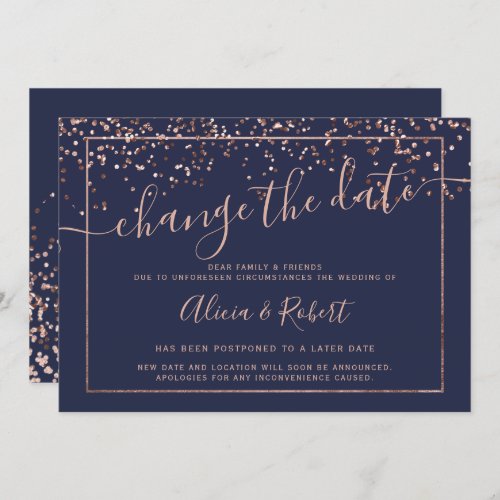 Rose gold navy blue script wedding change the date invitation