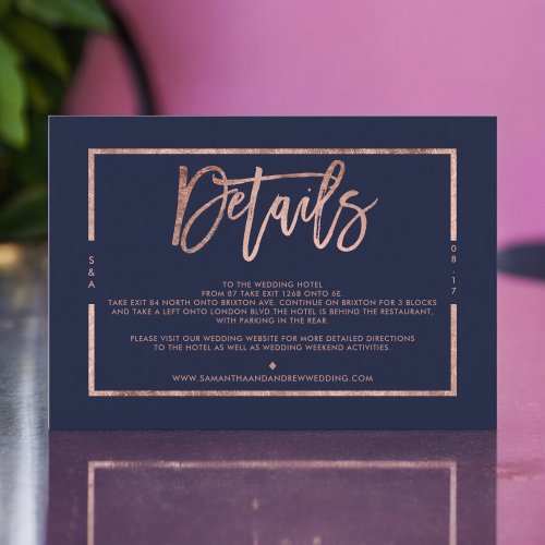 Rose gold navy blue script wedding direction enclosure card