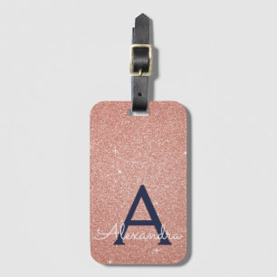 Rose Gold Navy Blue Sparkle Glitter Monogram Luggage Tag