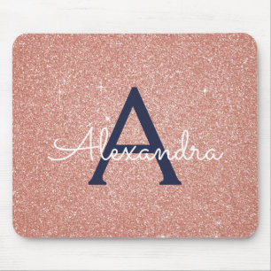 Rose Gold Navy Blue Sparkle Glitter Monogram Name Mouse Pad