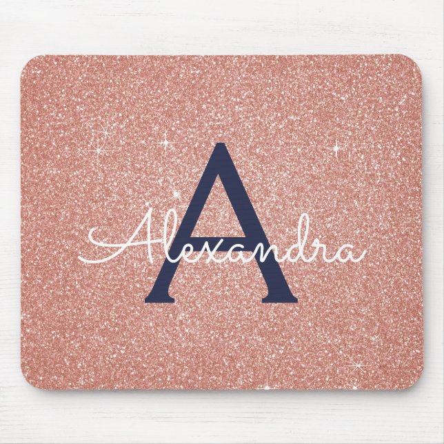 Rose Gold Navy Blue Sparkle Glitter Monogram Name Mouse Pad (Front)