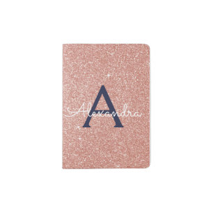 Rose Gold Navy Blue Sparkle Glitter Monogram Passport Holder
