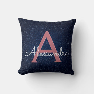 Rose Gold & Navy Blue Sparkle Glitter Monogrammed Throw Pillow