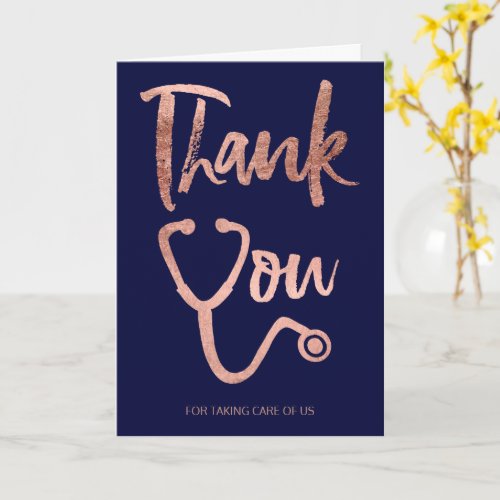 Rose gold navy blue stethoscope nurse thank you card