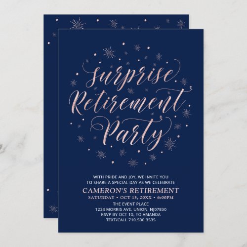 Rose gold  Navy Blue  Surprise Retirement Party Invitation