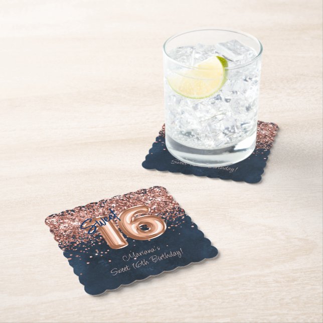  Rose Gold Navy Blue Sweet 16th Birthday Party Paper Coaster (Insitu)