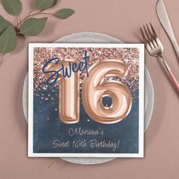 Rose Gold Navy Blue Sweet 16th Birthday Party Paper Dinner Napkins by WittyPrintables at Zazzle