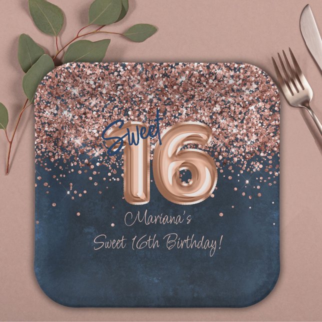  Rose Gold Navy Blue Sweet 16th Birthday Party Paper Plates (Creator Uploaded)