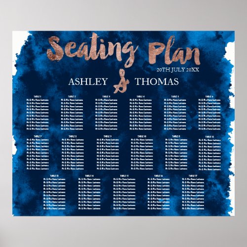 Rose gold navy blue watercolor table seating chart