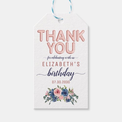 Rose Gold Navy Blush Floral Birthday Thank You Gift Tags