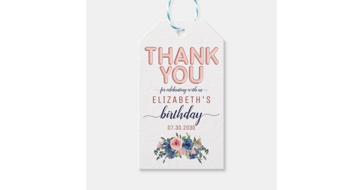 Rose Gold Navy Blush Floral Birthday Thank You Gift Tags | Zazzle