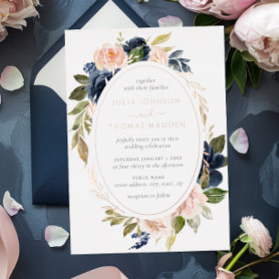 Rose Gold Navy Blush Peach Floral Wedding  Foil Invitation