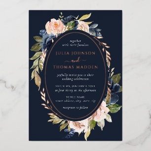 Rose Gold Navy Blush Wedding Floral Foliage Foil Invitation