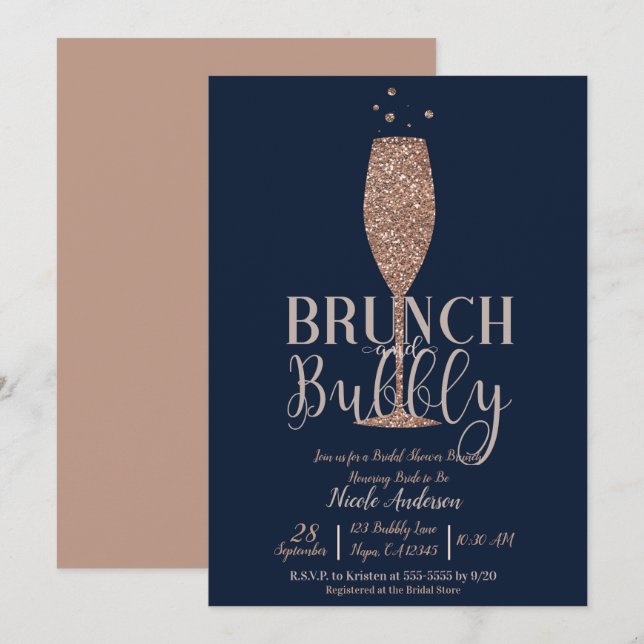 Rose Gold Navy Champagne Bubbly Bridal Brunch Invitation (Front/Back)