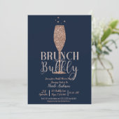 Rose Gold Navy Champagne Bubbly Bridal Brunch Invitation (Standing Front)
