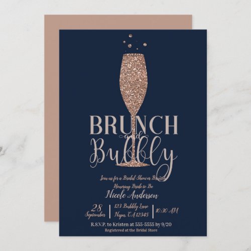 Rose Gold Navy Champagne Bubbly Bridal Brunch Invitation