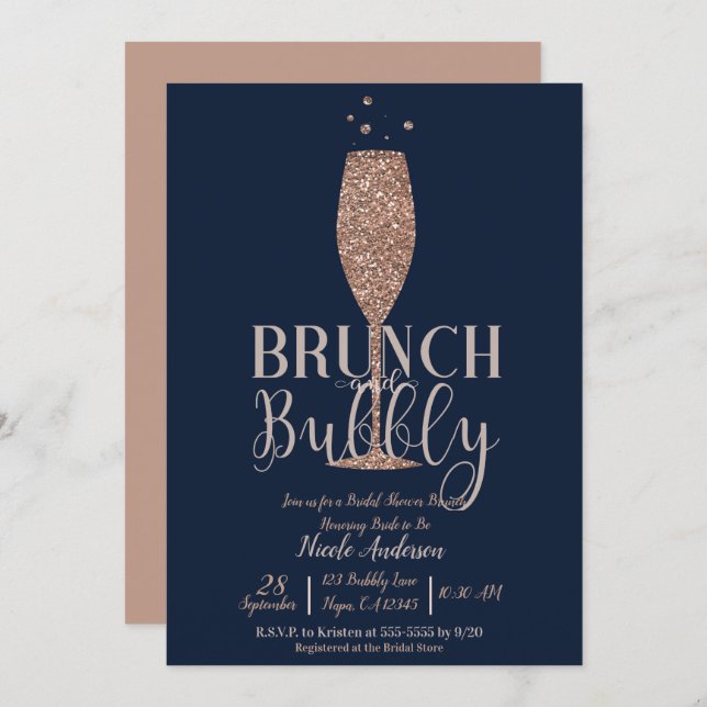 Rose Gold Navy Champagne Bubbly Bridal Brunch Invitation (Front/Back)