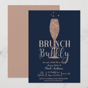 Rose Gold Navy Champagne Bubbly Bridal Brunch Invitation