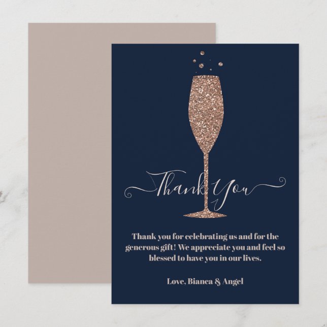 Rose Gold Navy Champagne Bubbly Bridal Thank You  Invitation (Front/Back)