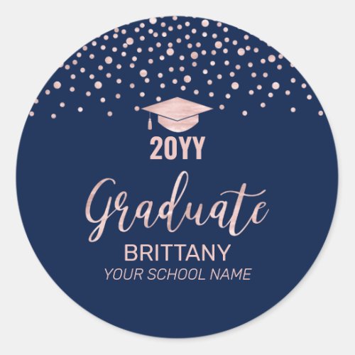 Rose Gold Navy Confetti 2022 Graduation Party Classic Round Sticker