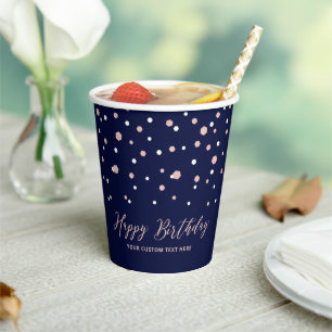 Rose gold & Navy Confetti Adult Birthday Party Paper Cups